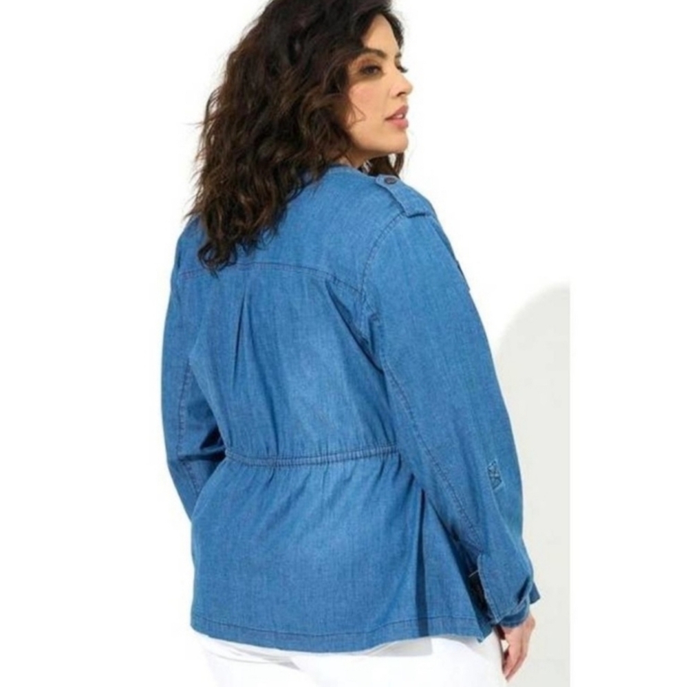 NWT Torrid 0 L 12 Chambray Tie Waist Utility Jacket Blue J-3333 - Picture 3 of 8
